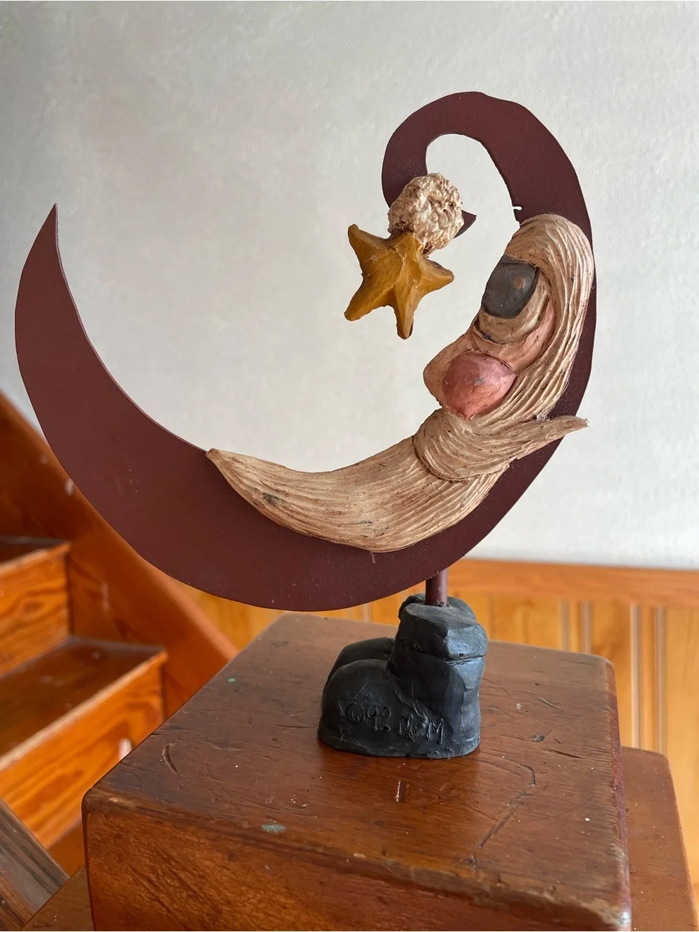 Vintage 90s Christmas Handcrafted Santa Moon   Holiday Home Decoration unique